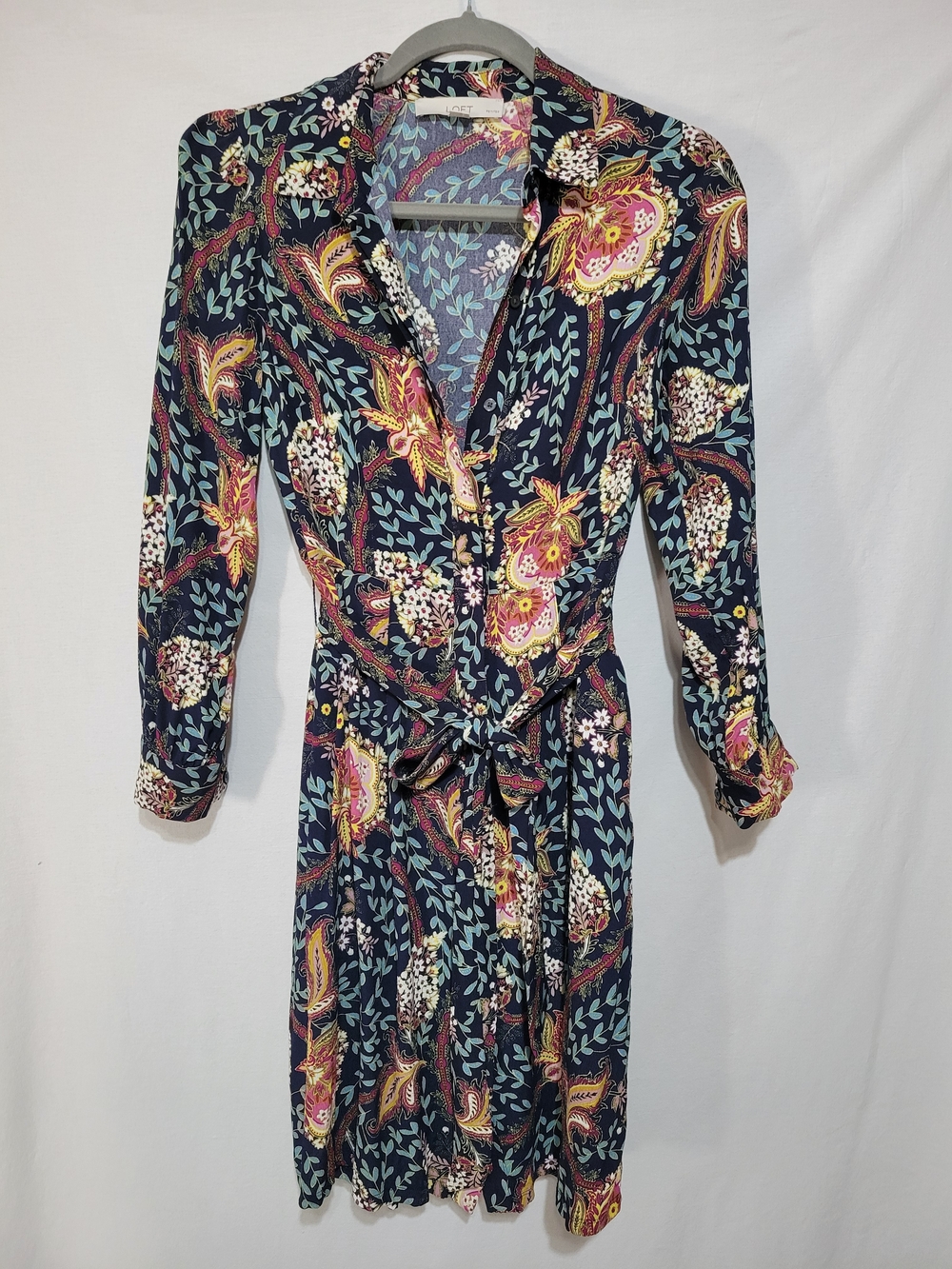 LOFT Womens 2P Navy Paisley Midi Dress with Tie Belt Boho-Chic Cottagecore